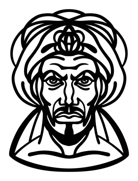 Testa di sultano o scià, islamico arabo, musulmano, leader dell'Asia centrale, con indosso turbina, disegno semplice stilizzato di ritratto dell'inchiostro per il disegno del logo o del tatuaggio — Vettoriale Stock