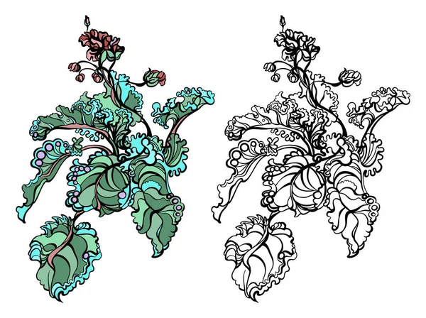 Stilisierte Tuschezeichnung der Rhabarberpflanze mit Blättern, farbig und schwarz-weiß, isoliert, für individuelle Druck- und Logogestaltung. — Stockvektor