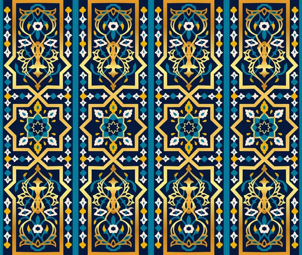 Arabo senza soluzione di continuità, uzbeko, kazako, kirghizo, modello decorativo architettonico vettoriale medio asiatico e islamico, ornamenti vintage in stile boho ornato di damasco nei colori blu scuro, ciano e oro per design e stampa personalizzati. — Vettoriale Stock