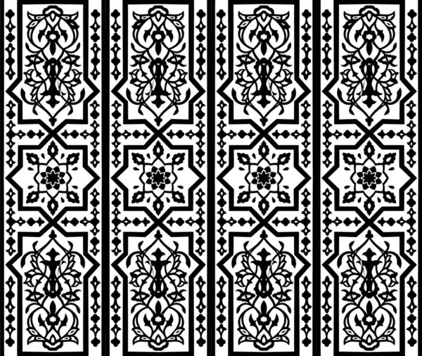 Nahtlose arabische, usbekische, kasachische, kirgisische, mittelasiatische und islamische Vektordekorationsmuster, Damast-Ornamente im Boho-Stil in schwarz-weißen Farben für kundenspezifischen Druck und Design — Stockvektor