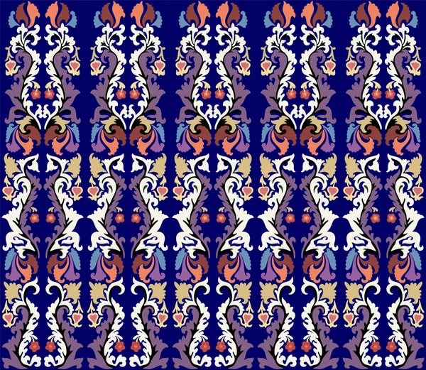 Nahtlose usbekische, kasachische, kirgisische, turkmenische, zentralasiatische und arabische islamische Vektormuster, Damast-Ornamente im Boho-Stil in tiefblauen, orangen und weißen Farben auf blauem Hintergrund für individuelles Design und Druck. — Stockvektor