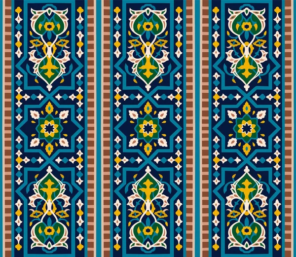 Arabo senza cuciture, uzbeko, kazako, kirghizo, modello decorativo vettoriale medio asiatico e islamico, ornamenti vintage in stile boho ornato damascati in blu scuro, ciano, giallo e beige su sfondo blu per design e stampa personalizzati. — Vettoriale Stock