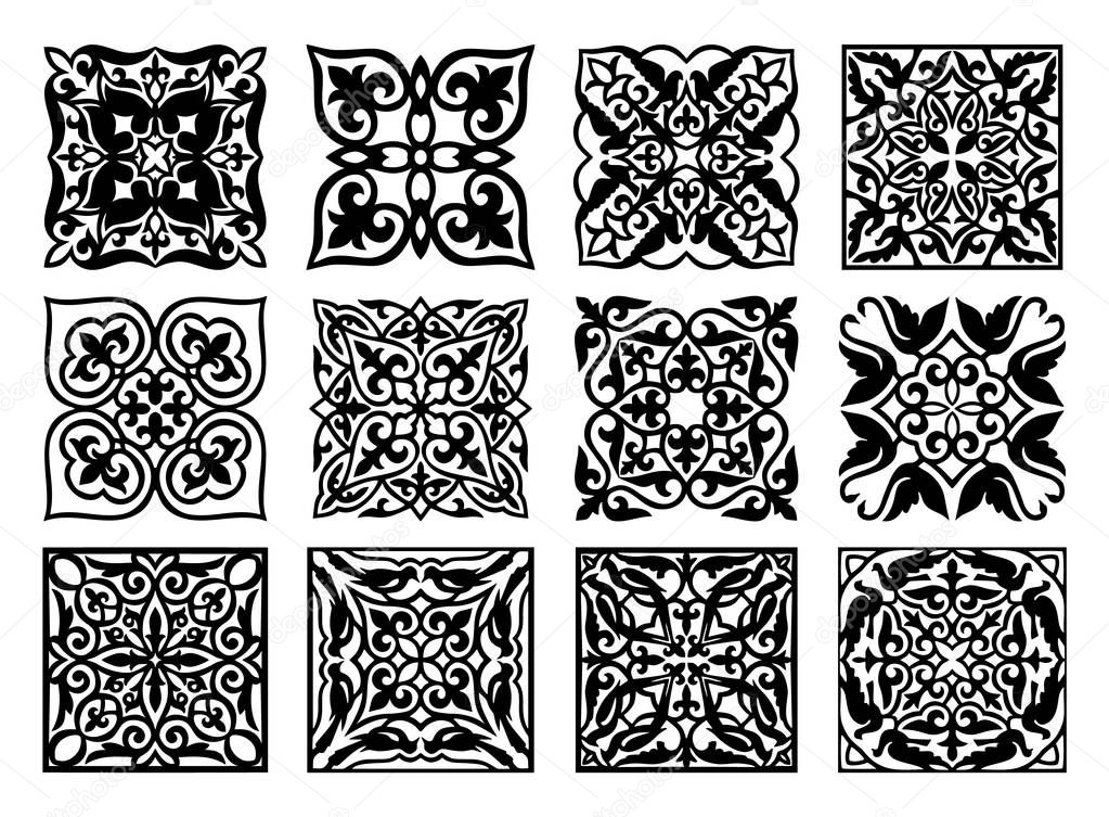 Set of 12 vector square elements and motifs of Kazakh, Kyrgiz, Uzbek, Turk national Islamic ornament for custom logo and pring design. Black and white, isolated. Stock illustration.