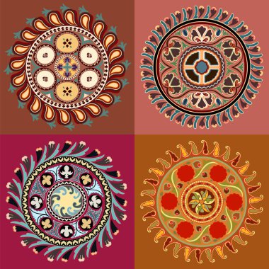 Yuvarlak çiçekli Kazak Özbek, Pers, Arap, Asyalı boho tarzı damasyon süsleme motifleri koleksiyonu. Renkli güneş daireleri bileşimi. Vektör stok illüstrasyonu.
