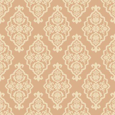 Kusursuz süslemeli Kazak, Özbek, Kırgız, Türkmen, Orta Asya ve Arap İslami vektör damasyon deseni, damaske boho tarzı klasik desen, nötr bej ve koyu renk.