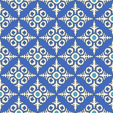 Kusursuz arabesk süslemesi, etnik Kazak, Özbek, Kırgız, Türkmen, Orta Asya ve Arap İslami vektör damasyon deseni, lamasyon boho tarzı mavi turkuaz renkli klasik desen.