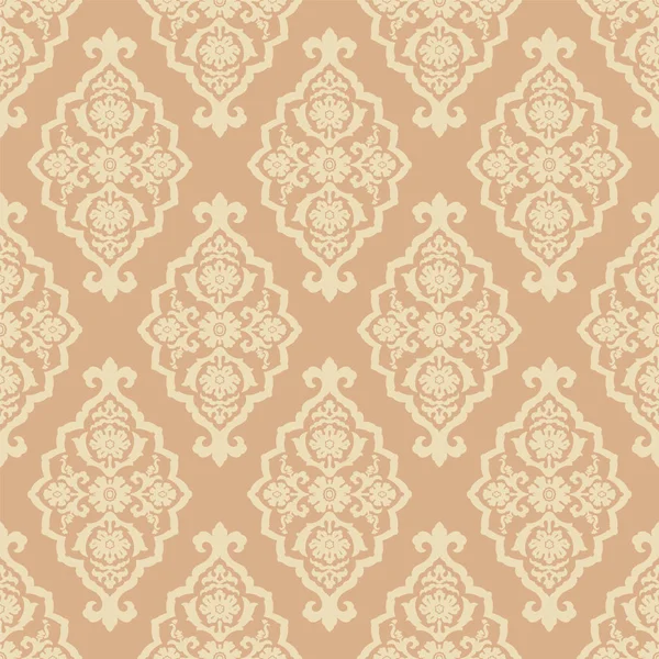 Inconsútil adornado étnico kazajo, uzbeko, kirguiso, turcomano, asiático medio y árabe patrón decorativo de damasco vector islámico, patrón vintage estilo boho adornado damasco, colores beige neutro y ocre. — Archivo Imágenes Vectoriales