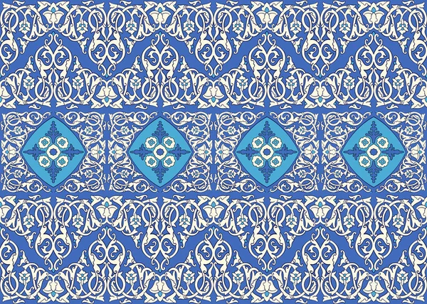 Inconsútil arabesco ornamentado étnico kazajo, uzbeko, kirguiso, turcomano, asiático medio y árabe patrón decorativo de damasco vector islámico, patrón vintage estilo boho adornado damasco en azul, colores turquesa. — Vector de stock