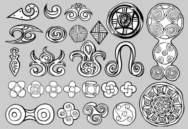 Set of vector archaic tribal ethnic ornamental motifs and elements of abstract and gepmetric in black and white color, isolated, for custom design and print