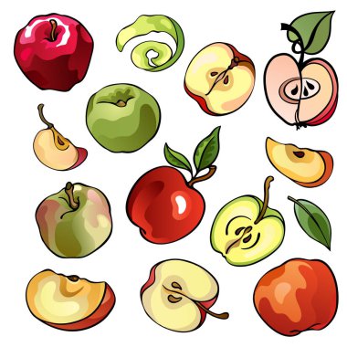 Collection of appless, colorful illustrations of fruits, red and green, isolated, for custom design and print
