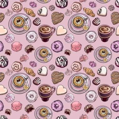 Kahvaltının kusursuz vektör deseni. Kahve, pasta, kek, kurabiye, çörek, merenghi. Bej, gül ve leylak, hediye paketi için illüstrasyon, moda tekstil baskısı, menü tasarımı.