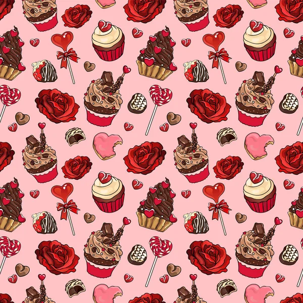 Valentine's day seamless vector pattern. Delicacies and pastry, cupcake, cakes, chocolate candy, lollypop. Rose flower, hearts. Romantic fashion illustration for gift wrapping, textile print, wallpaper — Stock Vector