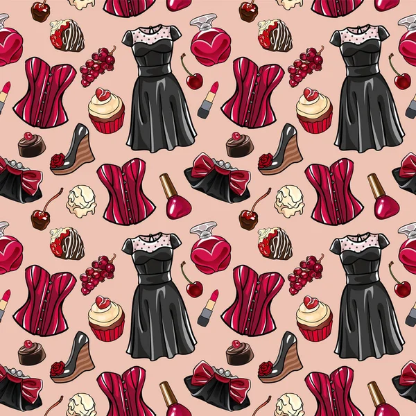 Sevgililer Günü 'nde kusursuz vektör deseni. Moda elbisesi, korse, çanta, frenk üzümü, kek, dondurma, çikolata, tırnak cilası, çilek, kiraz. Hediye ambalajı için romantik moda illüstrasyonu, tekstil pri