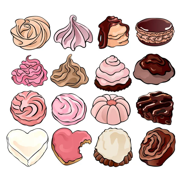 Collection of pastries and sweet bakery: meringues, whipped cream, cookies, chocolate chip cookies, icing sugar, chocolate roll, colorful illustrations of delicacies, isolated, for custom design and p — Stock Vector