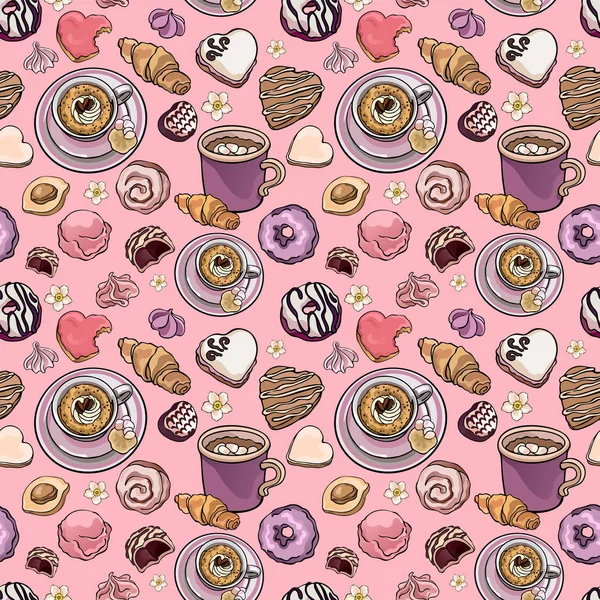 Cafe breakfast seamless vector pattern. Coffee, pastry, cookie, donut, merenghi, croissant. Beige, rose and lilac. Illusrarion for gift wrapping, fashion textile print, menu design. — Stock Vector