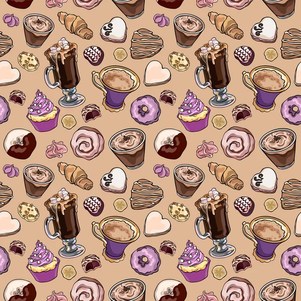 Cafe breakfast seamless vector pattern. Coffee, pastry, cookie, donut, merenghi, croissant, chocolate. Beige and lilac. Illustration for gift wrapping, fashion textile print, menu design. — Stock Vector