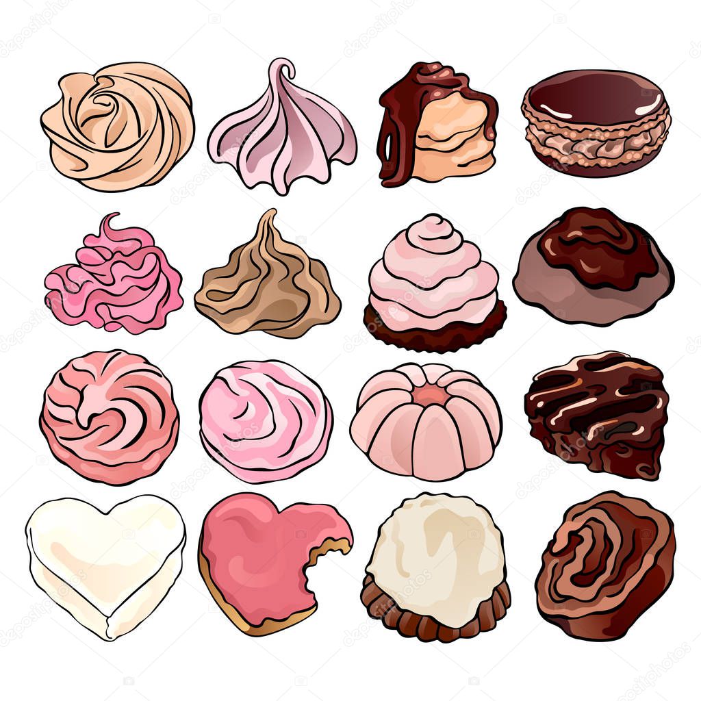 Collection of pastries and sweet bakery: meringues, whipped cream, cookies, chocolate chip cookies, icing sugar, chocolate roll, colorful illustrations of delicacies, isolated, for custom design and p