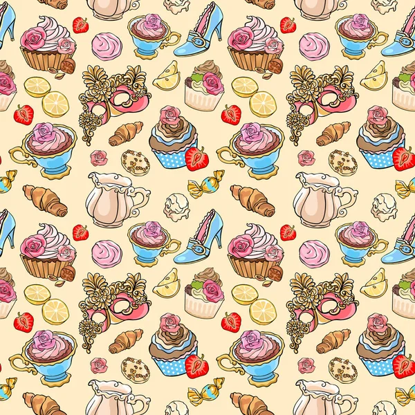 Rococo style cafe breakfast seamless vector pattern. Pastry, coffee, lemon, cupcake, cream, merenghi. Mask and shoes. Fashion illustration for gift wrapping, textile print, wallpaper, menu design. — Stock Vector