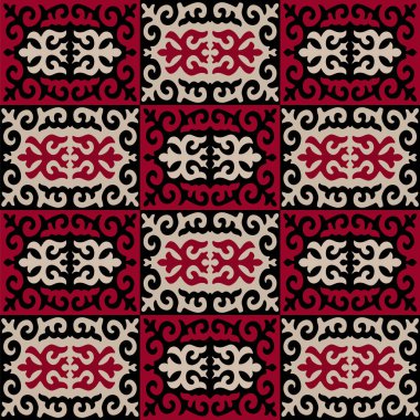 Kusursuz oryantal Kazak, Arap, Özbek stili damasmik Müslüman deseni kırmızı, siyah ve bej renklerde. Arka plan, tekstil ya da duvar kağıtları için basit bir boho süsü. Vektör illüstrasyonu.