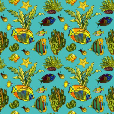 Ocean wildlife seamless pattern. Underwater sea Caribbean yellow, green fishes and plants. Summer vacations and diving mood. Colorful vector seamless pattern for fabric fashion design print, gift wrapping.