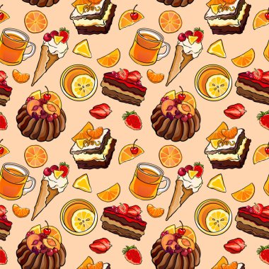 Cafe kahvaltı, kusursuz vektör şablonu. Limonlu turta, çay, mandalina, portakal, dondurma, çikolata. Gıda ambalajı, moda tekstil baskısı, duvar kağıdı, menü tasarımı.