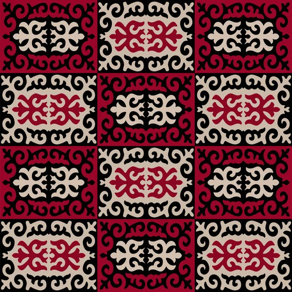 Naadloze oosterse Kazachse, Arabische, Oezbeekse stijl damast islamitische moslim patroon in rode, zwarte en beige kleuren. Eenvoudige vintage boho ornament voor achtergrond, textiel of wallpapers. Vectorillustratie. — Stockvector