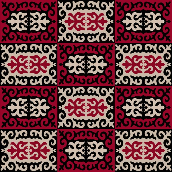 Kusursuz oryantal Kazak, Arap, Özbek stili damasmik Müslüman deseni kırmızı, siyah ve bej renklerde. Arka plan, tekstil ya da duvar kağıtları için basit bir boho süsü. Vektör illüstrasyonu.