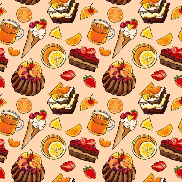 Cafe kahvaltı, kusursuz vektör şablonu. Limonlu turta, çay, mandalina, portakal, dondurma, çikolata. Gıda ambalajı, moda tekstil baskısı, duvar kağıdı, menü tasarımı.