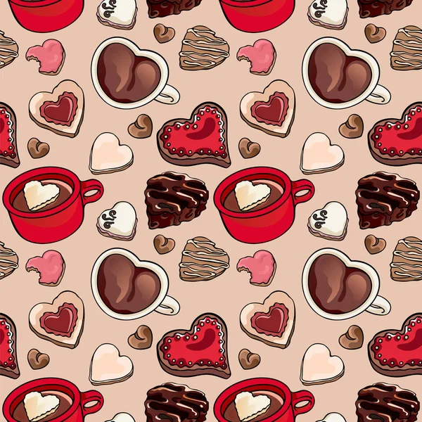 Assorted Valentine's day cookies heart shape an coffee vector pattern. Chocolate and glazed sweet cafe bakery, pastry. Food illustration for gift wrapping, fashion textile print, wallpaper, menu design. — Stock Vector