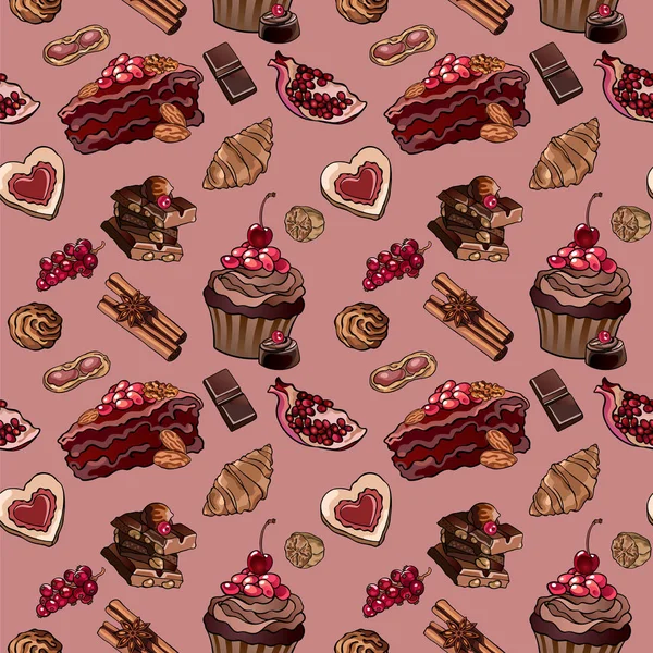 Cafe desserts seamless vector pattern. Cherry pie, cupcake, cinnamon, nuts, chocolate. Food illustration for gift wrapping, fashion textile print, wallpaper, menu design. — Stock Vector