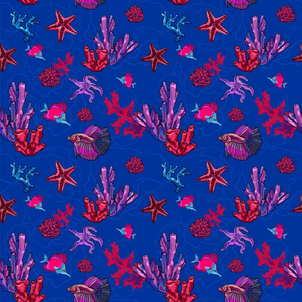 바다의 야생 동물들은 무미건조 한 패턴을 보입니다. 수중깊은 산호초, 바다의 별, 물고기. 여름 방학 이 분위기를 고조시킨다. 옷감 디자인 인쇄, 선물 포장, 벽지등을 위한 화려 한 빨간색 파란색 벡터 물감없는 패턴. — 스톡 벡터