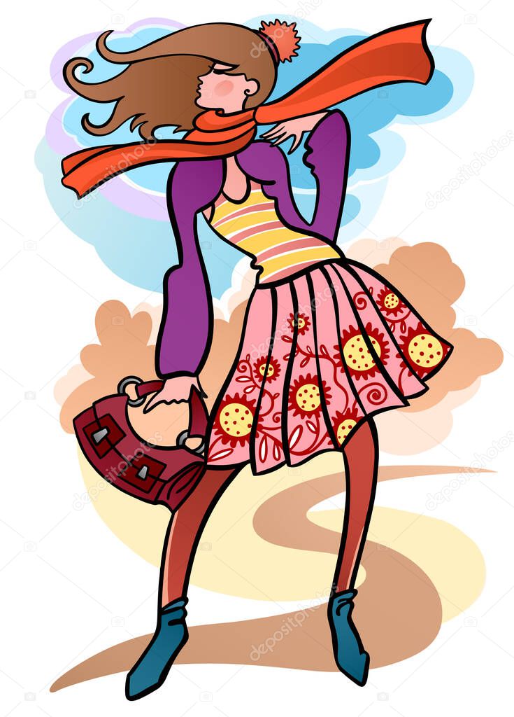 Fashion illustration of standing young girl with bag, wearing skirt, scarf and sweater. Posing model figure. Autumn weekend on the nature in park. Vector colorful stock illustration for custom design and print.