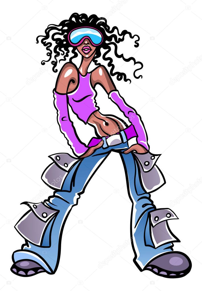 Fashion illustration of standing beautiful young african girl with curly hairs, wearing jeans and sunglasses. Posing model figure. Beautiful body. Vector colorful stock illustration for custom design and print.