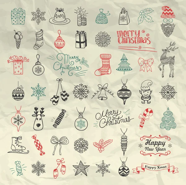 Set di icone Doodle natalizie artistiche disegnate a mano . — Vettoriale Stock