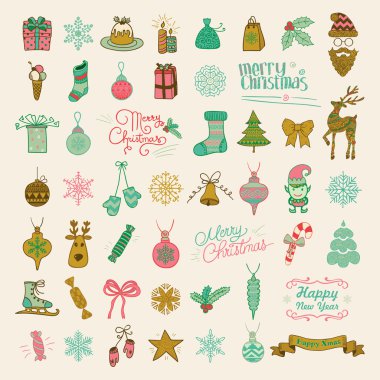 Elle çizilmiş sanatsal Noel Doodle simgeler kümesi.
