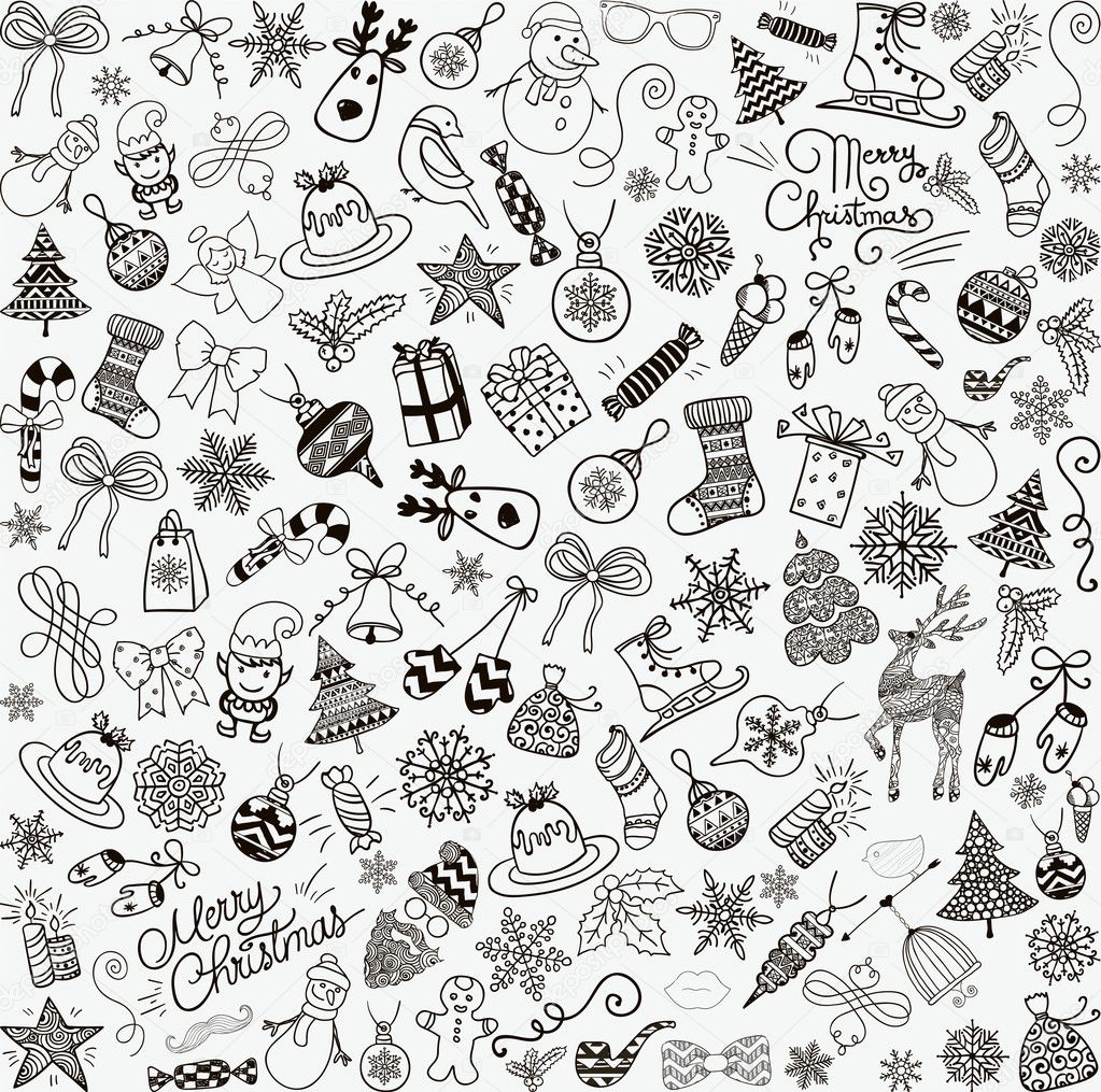 Vector Hand Drawn Christmas Doodles Seamless Background.
