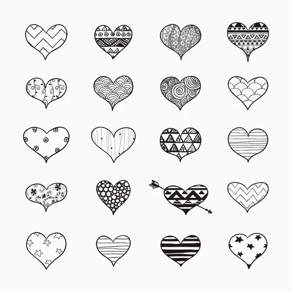 Kształty wektorowe ręcznie rysowane serca z Doodle wzory — Wektor stockowy
