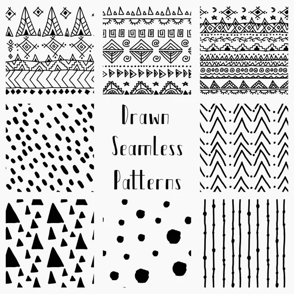 Vector Abstract Hand Drawn Black Seamless Patterns — Stock Vector