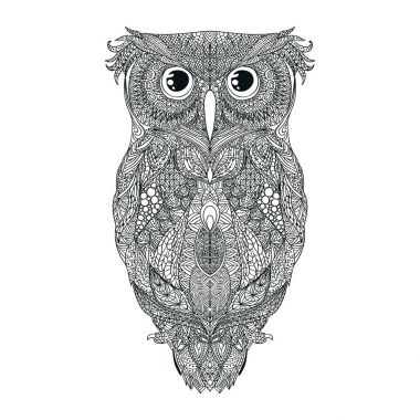 Baykuş dövme illüstrasyon vektör siyah el çekilmiş