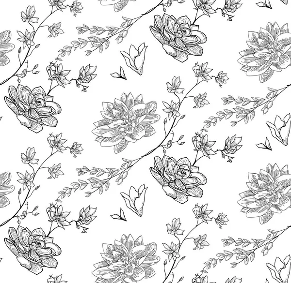 Patrón sin costura negro vectorial con flores dibujadas, ramas, plantas — Vector de stock