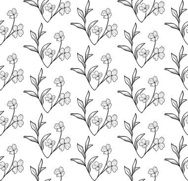 Vektör siyah Seamless modeli ile çizilmiş çiçekler, dalları, bitkiler