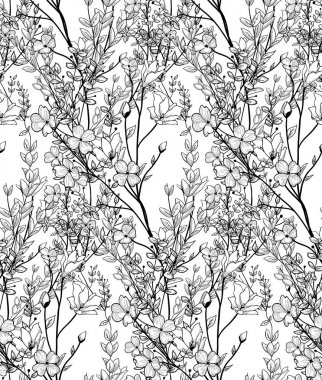 Vektör siyah Seamless modeli ile çizilmiş çiçekler, dalları, bitkiler