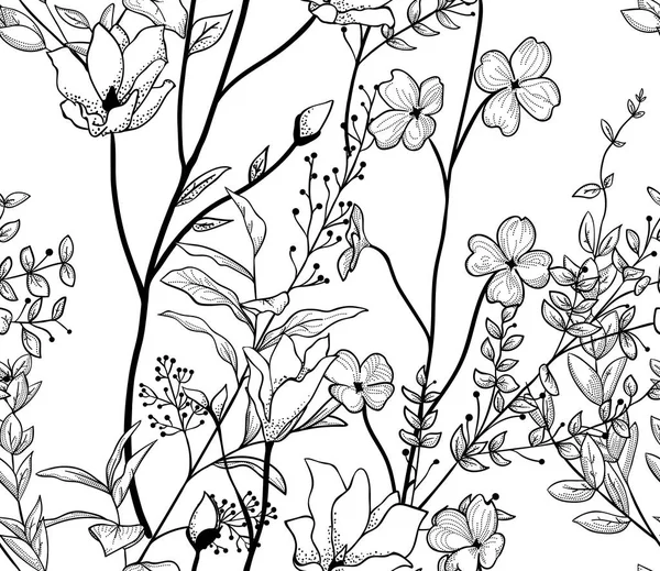 Vektör siyah Seamless modeli ile çizilmiş çiçekler, dalları, bitkiler
