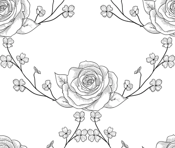 Modello senza cuciture nero vettoriale con fiori disegnati, rose con rami — Vettoriale Stock
