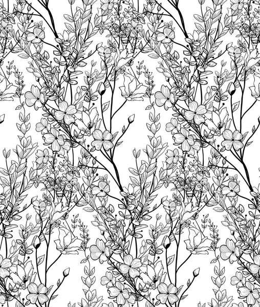 Patrón sin costura negro vectorial con flores dibujadas, ramas, plantas — Vector de stock