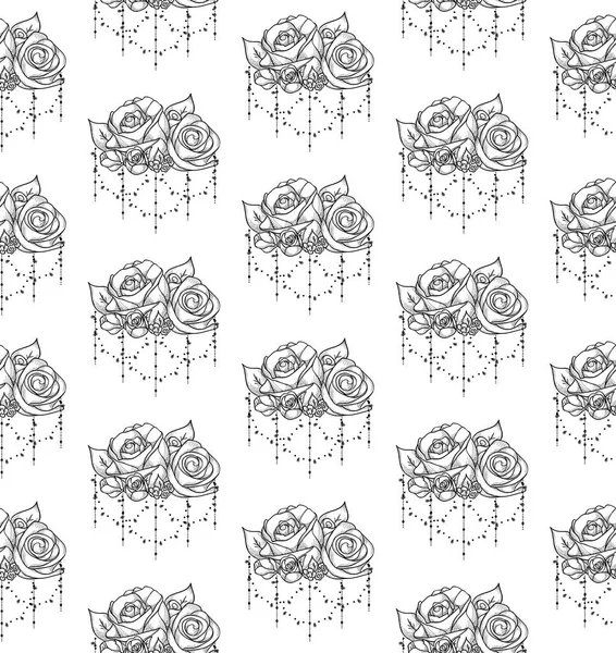 Modello senza cuciture nero vettoriale con fiori disegnati, rose con perline — Vettoriale Stock