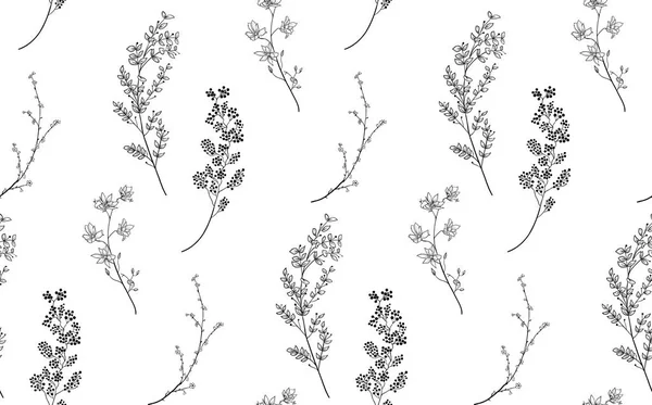 Vector Black Seamless Pattern with Drawn Branches, Plants — Stock Vector