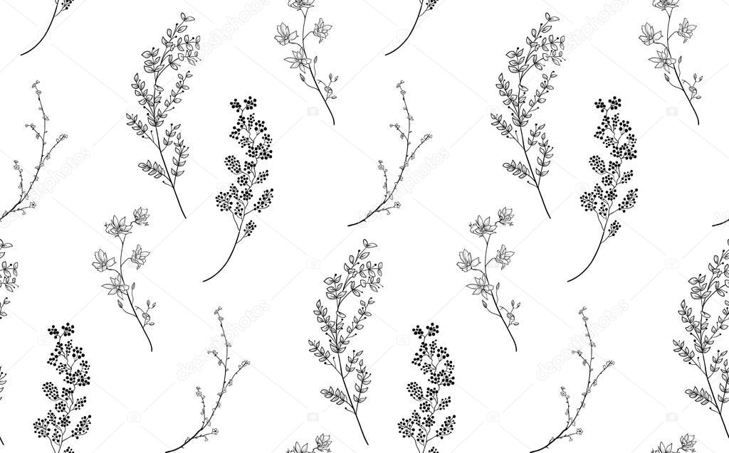 Vector Black Seamless Pattern with Drawn Branches, Plants