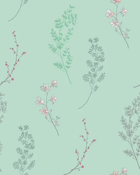 Patrón sin costura vectorial con ramas dibujadas, plantas — Archivo Imágenes Vectoriales