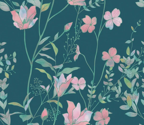 Seamless Pattern with Watercolor Flowers, Branches, Plants — Stock Photo, Image